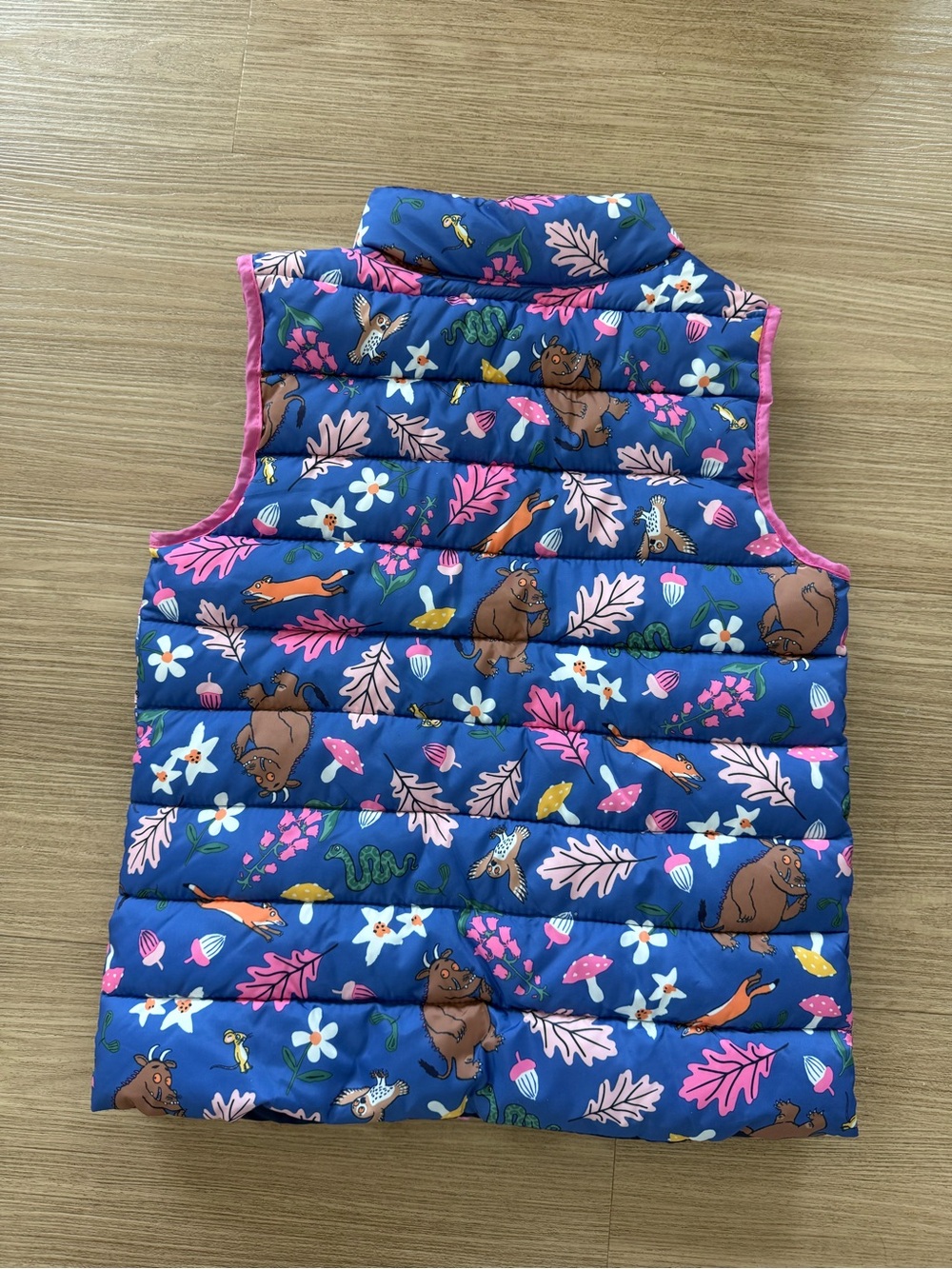 Joules Blue Puffer Vest with Pink Trim and Woodland Animal Print - Picture 4 of 6